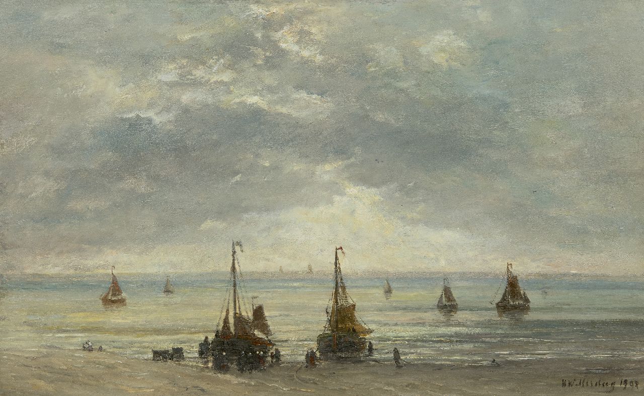 Mesdag H.W.  | Hendrik Willem Mesdag, Bomschuiten aan de kust, oil on canvas 48.9 x 78.6 cm, signed l.r. and painted 1893-1902