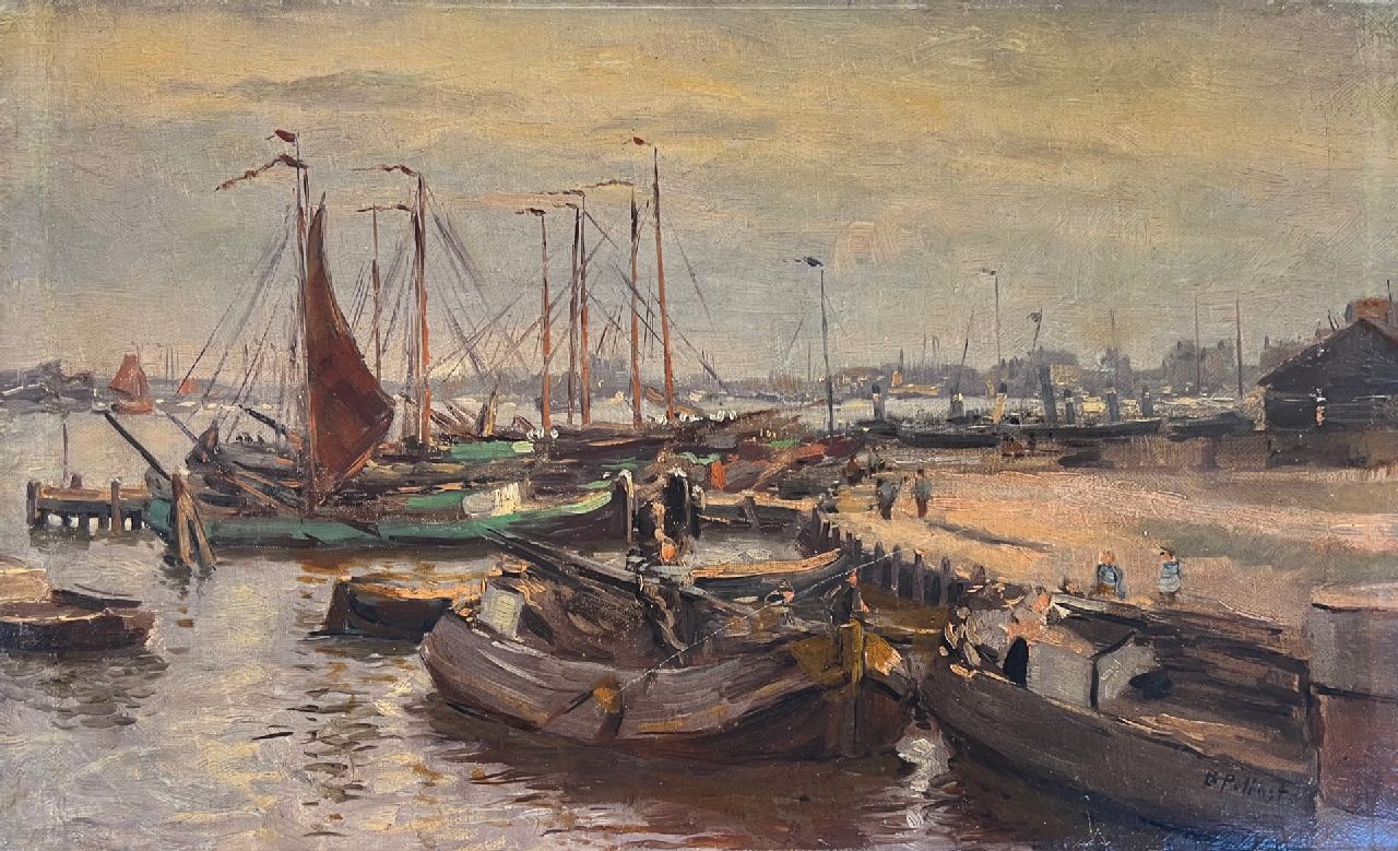 Pothast B.J.C.  | 'Bernard' Jean Corneille Pothast | Paintings offered for sale | Busy harbor view with moored flat-bottomed boats, oil on canvas laid down on panel 26.0 x 44.0 cm, signed l.r.