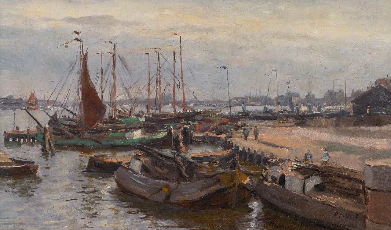 Pothast B.J.C.  | 'Bernard' Jean Corneille Pothast | Paintings offered for sale | Busy harbor view with moored flat-bottomed boats, oil on canvas laid down on panel 26.0 x 44.0 cm, signed l.r.