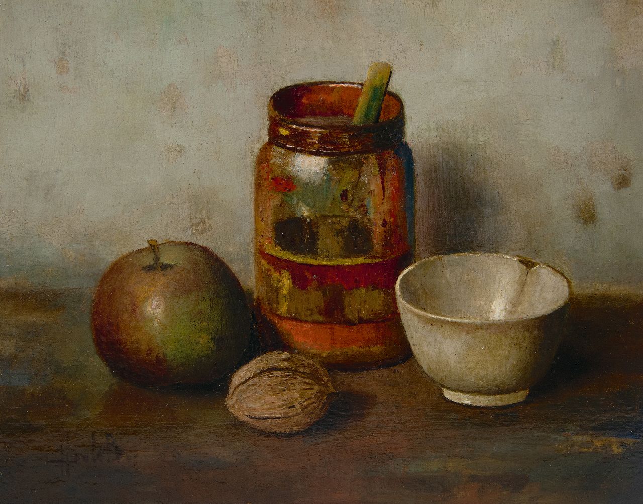 Bos H.  | Hendrik 'Henk' Bos | Paintings offered for sale | Still life with apple and walnut, oil on canvas 24.8 x 31.1 cm, signed l.l.