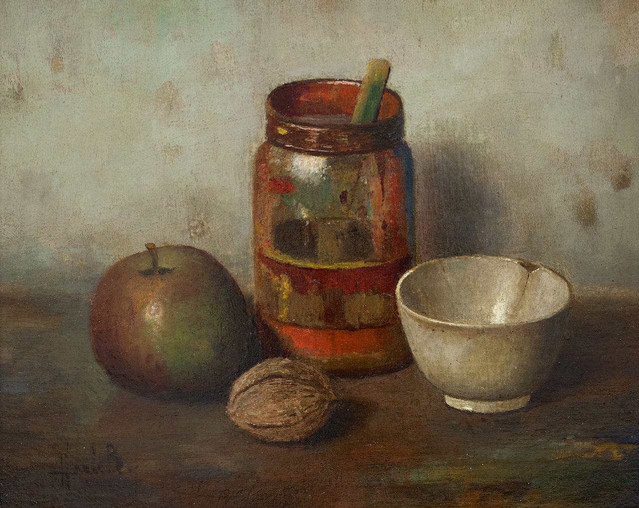 Bos H.  | Hendrik 'Henk' Bos | Paintings offered for sale | Still life with apple and walnut, oil on canvas 24.8 x 31.1 cm, signed l.l.