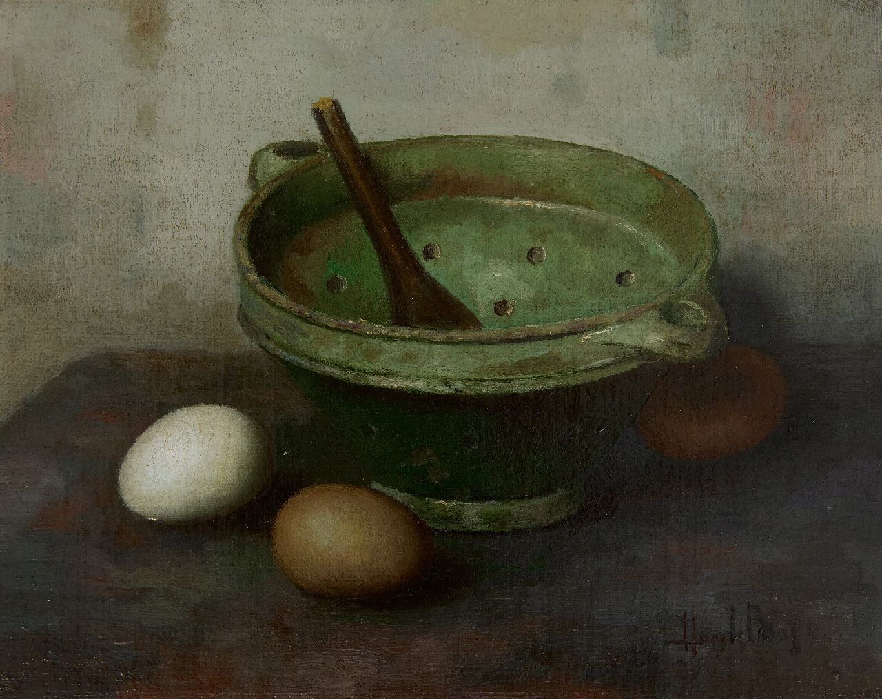 Bos H.  | Hendrik 'Henk' Bos | Paintings offered for sale | Still life with colander and eggs, oil on canvas laid down on panel 24.5 x 30.4 cm, signed l.r.