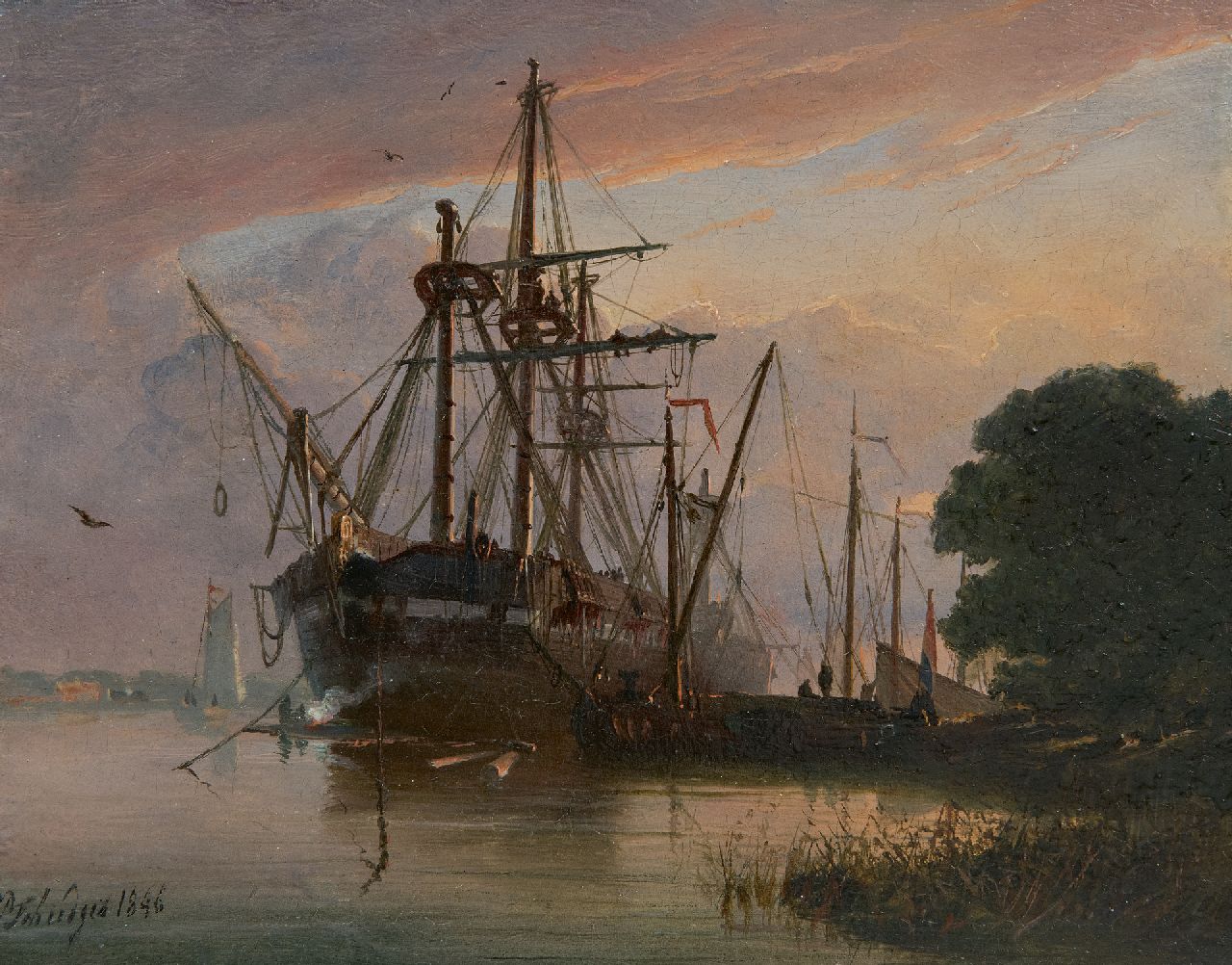 Schiedges P.P.  | Petrus Paulus Schiedges | Paintings offered for sale | Moored three-master at sunset, oil on panel 16.2 x 20.9 cm, signed l.l. and dated 1846