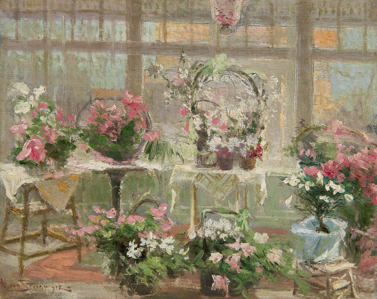 Hendrik Steenwijk | Conservatory, oil on canvas laid down on panel, 29.9 x 36.8 cm, signed l.l.