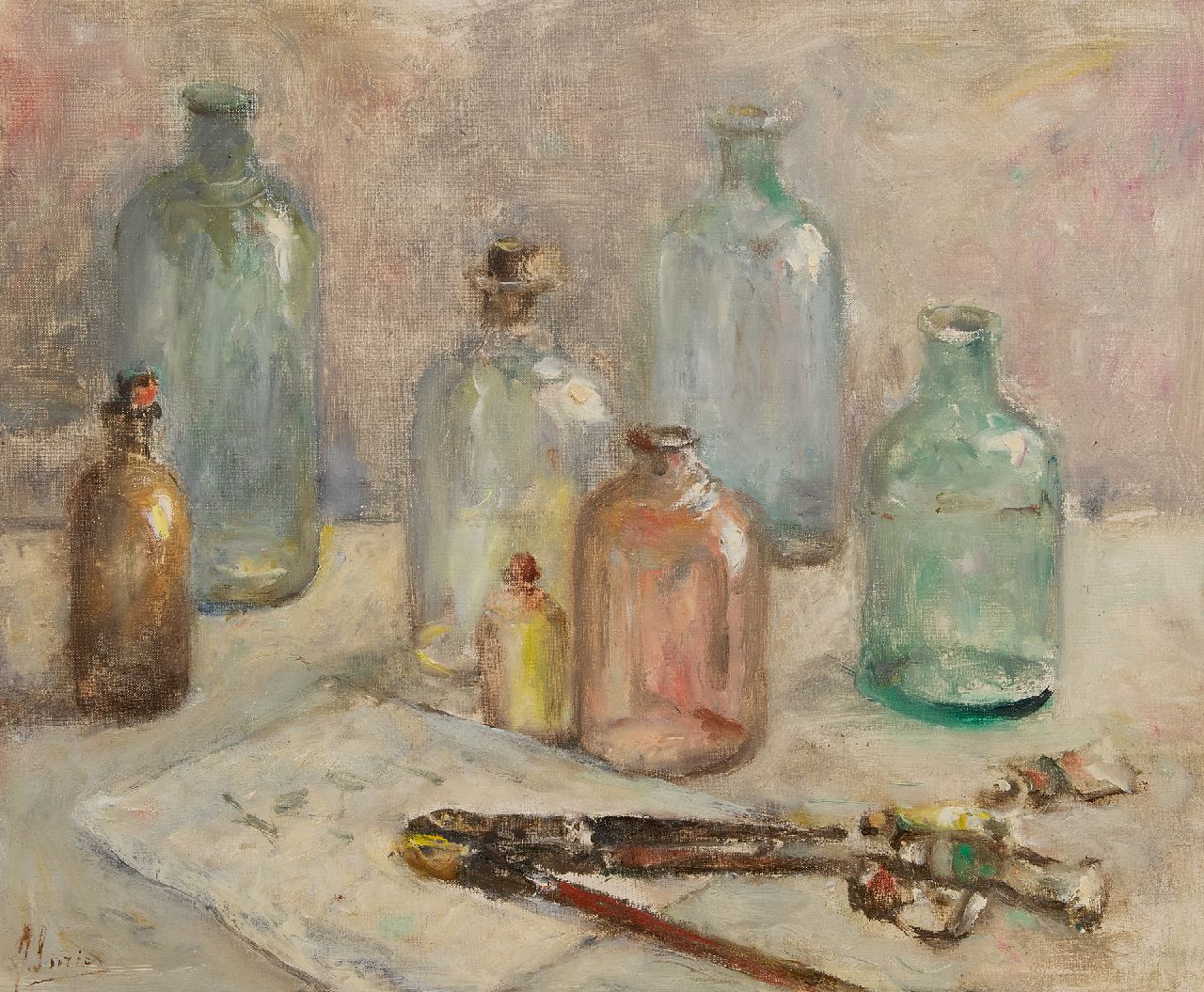 Coba Surie | Bottles and painter's attributes on a table, oil on canvas, 50.3 x 60.0 cm, signed l.l.