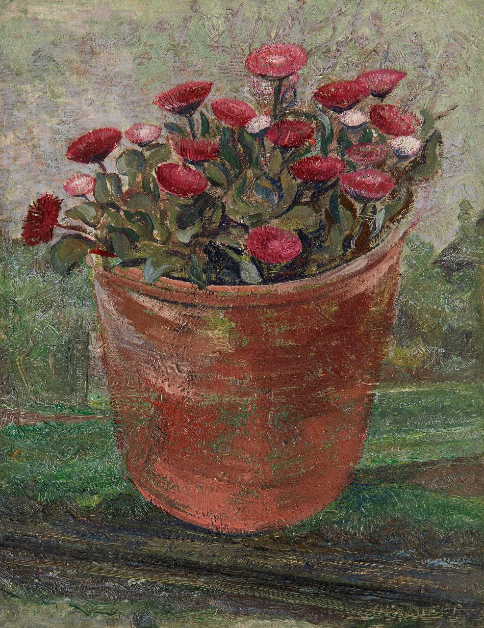 Zweep D.J. van der | 'Douwe' Jan van der Zweep | Paintings offered for sale | Flowerpot with daisies, oil on panel 27.0 x 21.1 cm, signed l.r.