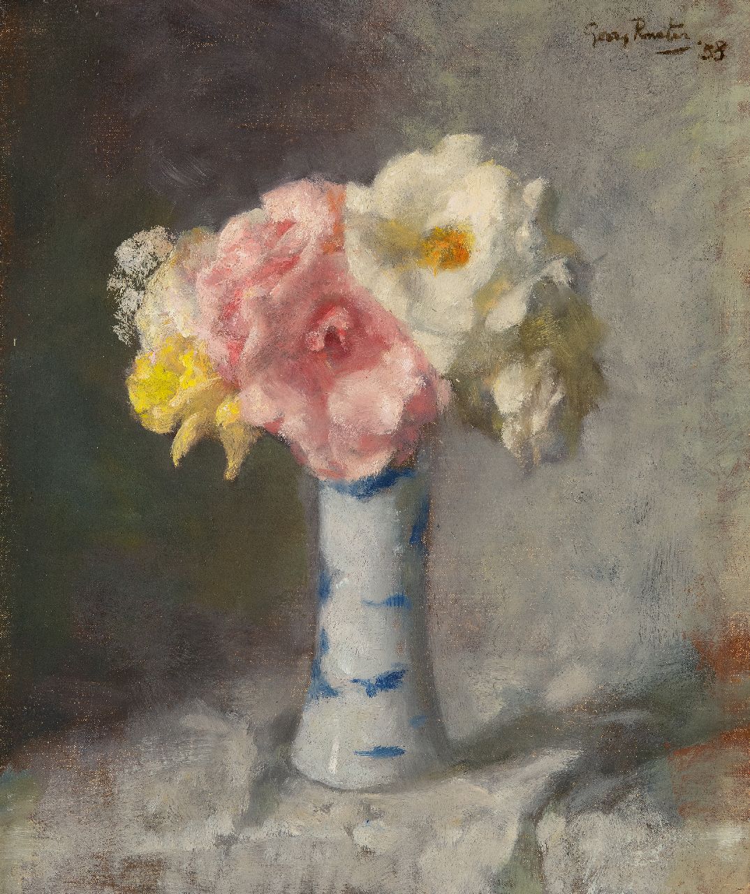 Rueter W.C.G.  | Wilhelm Christian 'Georg' Rueter | Paintings offered for sale | Roses in a porcelain vase, oil on canvas 43.6 x 36.0 cm, signed u.r. and dated '38