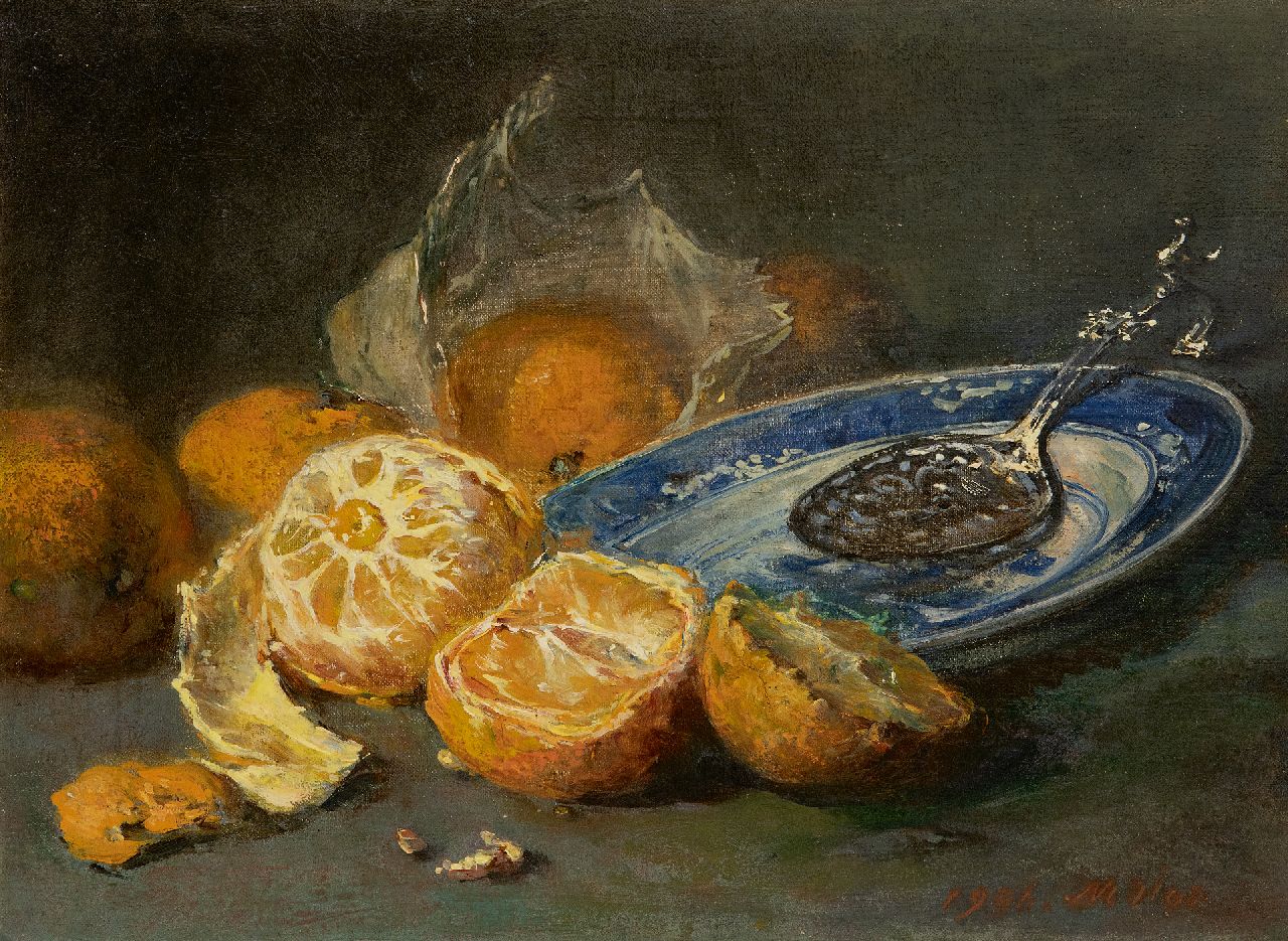 Vos M.  | Maria Vos, Still life with oranges and a blue and white plate, oil on canvas 25.4 x 34.1 cm, signed l.r. and dated 1906