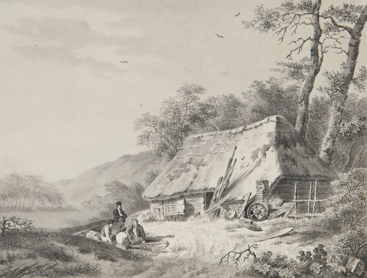 Koekkoek B.C.  | Barend Cornelis Koekkoek, Resting country folk near a barn, pen, brush and ink on paper 17.5 x 22.7 cm, signed l.l.