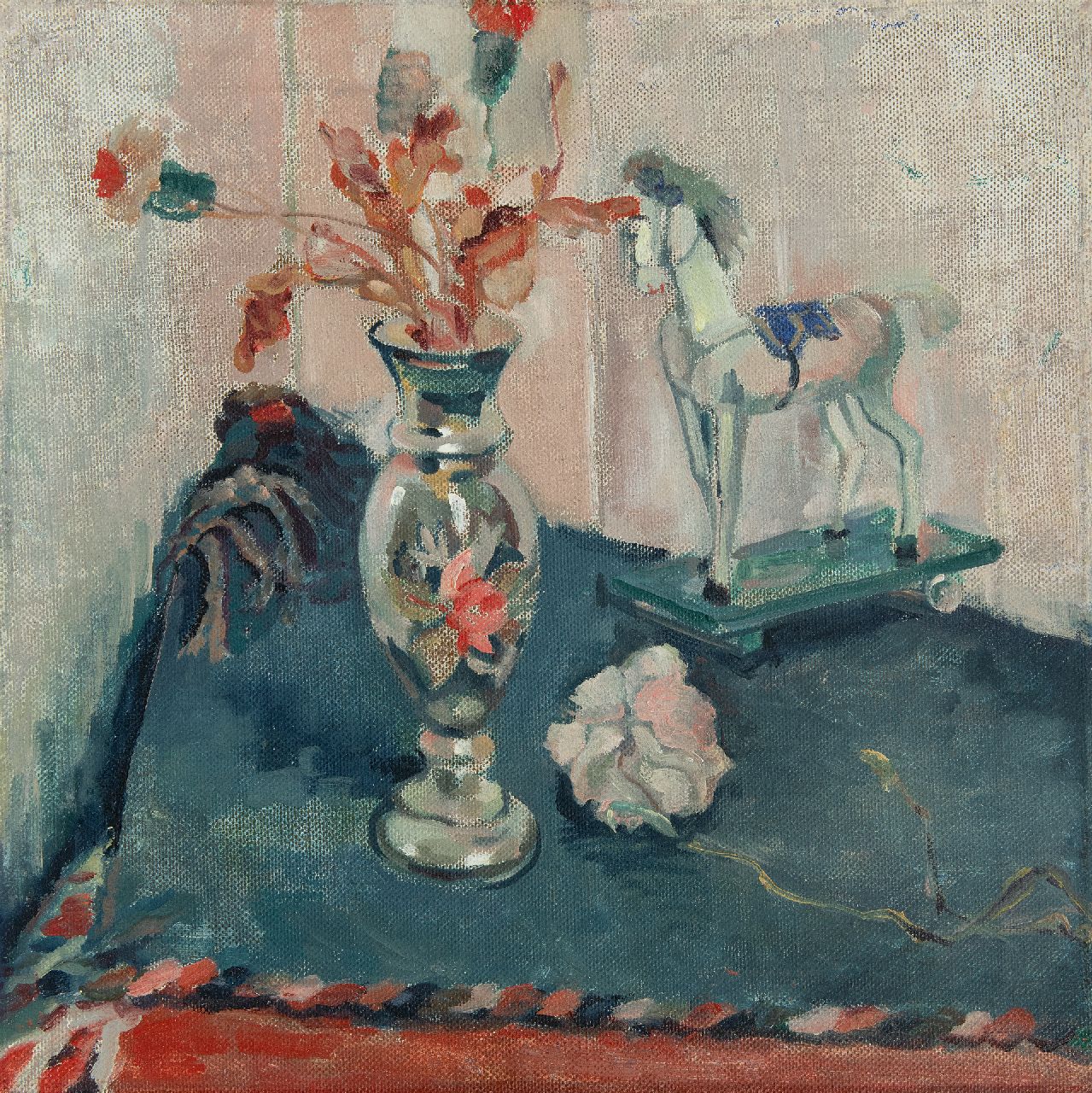 Martens G.G.  | Gijsbert 'George' Martens | Paintings offered for sale | Still life with flowers and toy horse, oil on canvas 50.5 x 50.3 cm, signed reverse on stretcher