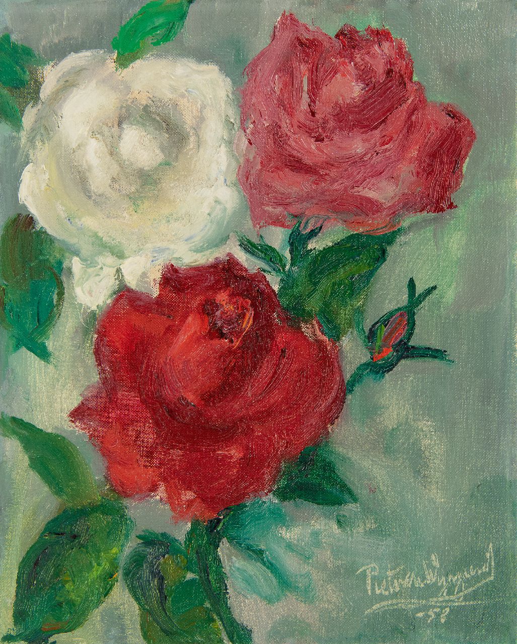 Wijngaerdt P.T. van | Petrus Theodorus 'Piet' van Wijngaerdt | Paintings offered for sale | Roses, oil on canvas 28.0 x 22.0 cm, signed l.r. and dated '53