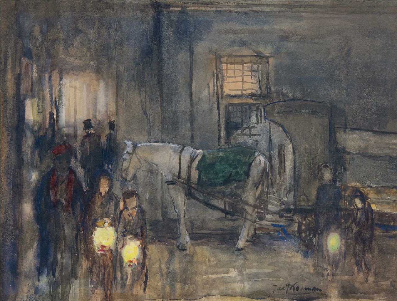 Koeman J.J.  | Jacobus Jan 'Jac. J.' Koeman | Watercolours and drawings offered for sale | Street scene with figures and horse-drawn cart at night, chalk and acrylic on paper 28.0 x 37.0 cm, signed l.r. and on the reverse