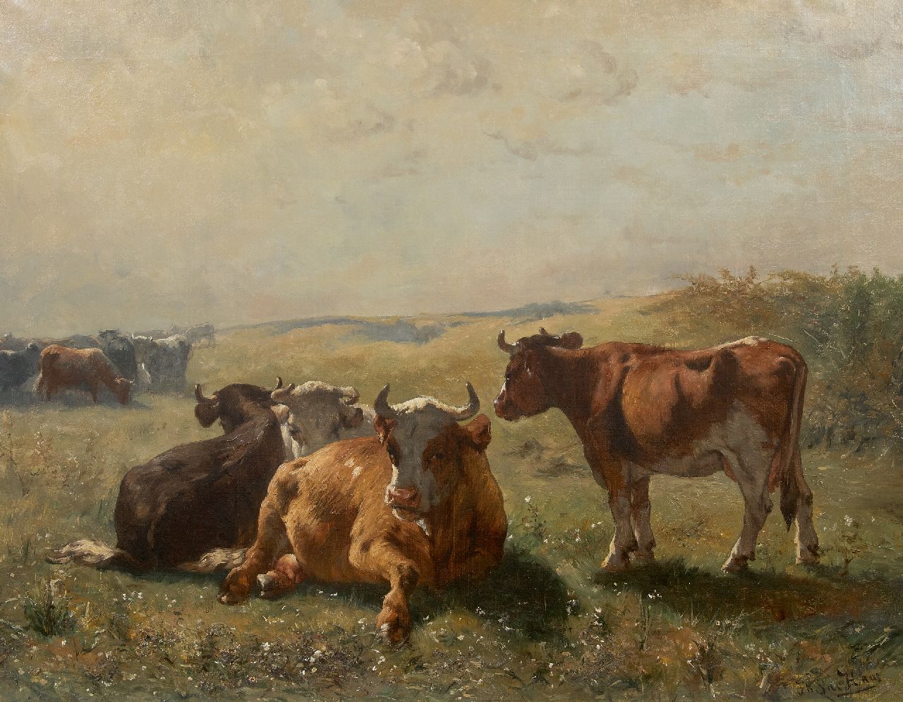 Haas J.H.L. de | Johannes Hubertus Leonardus de Haas, Summer landscape with cattle, oil on canvas 69.5 x 89.7 cm, signed l.r.