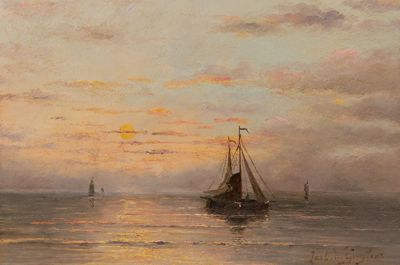 Gruijter J.W.  | Jacob Willem Gruijter, Fishing boats on a calm sea, oil on panel 22.6 x 33.0 cm, signed l.r.
