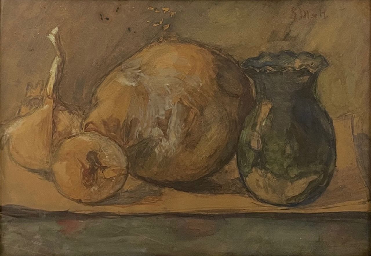 Mesdag-van Houten S.  | Sina 'Sientje' Mesdag-van Houten, Still life with fruit and a vase, watercolour on paper 26.4 x 37.1 cm, signed u.r. with initials