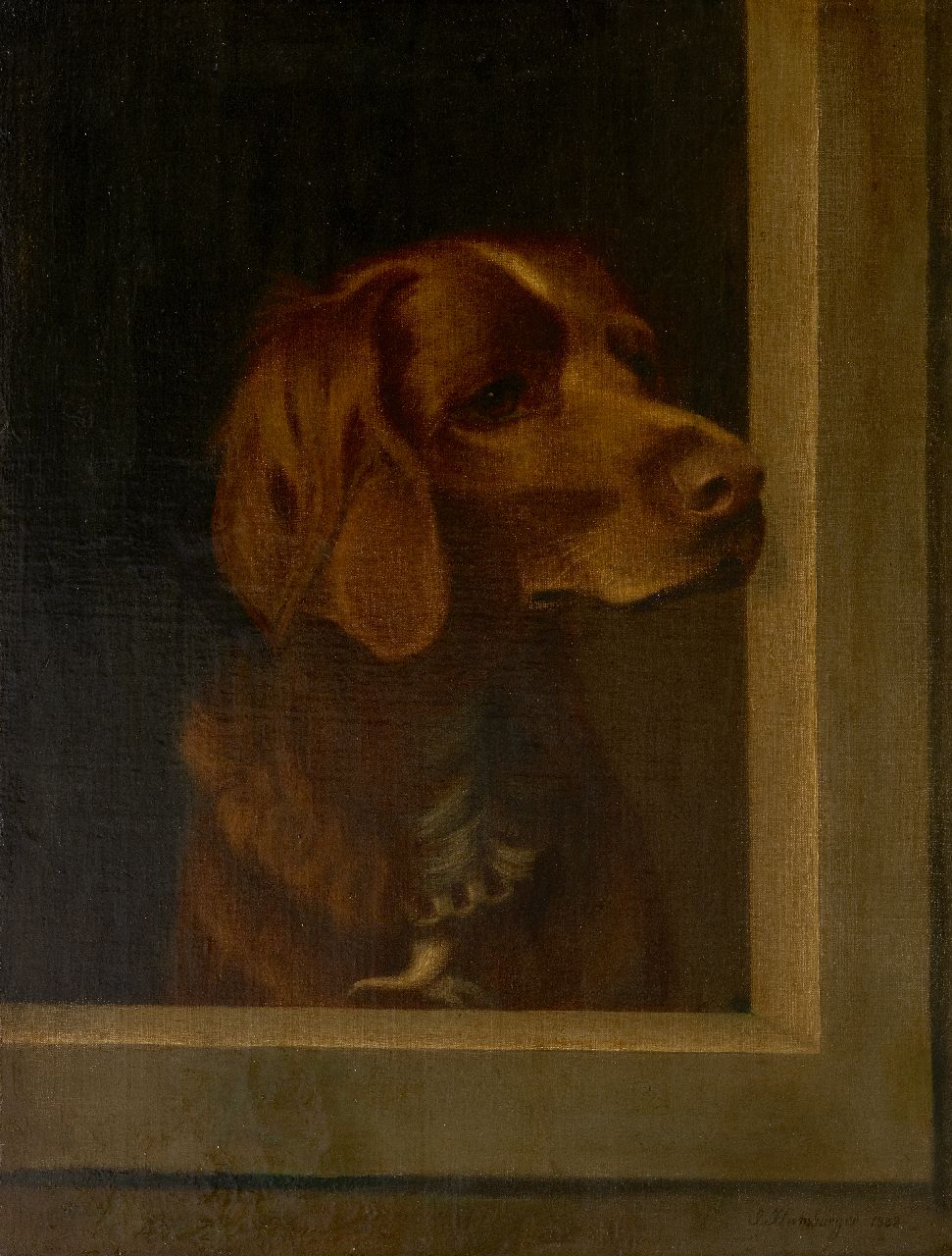 Hamburger J.  | Julius Hamburger, Portrait of a hunting dog, oil on canvas laid down on panel 57.2 x 42.6 cm, signed l.r. and dated 1883