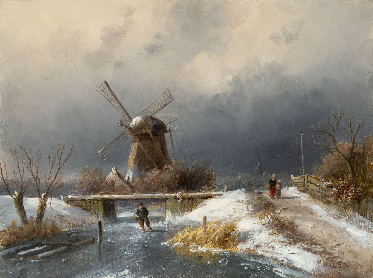 Leickert C.H.J.  | 'Charles' Henri Joseph Leickert | Paintings offered for sale | Skater on a frozen water at a windmill, oil on panel 19.2 x 26.0 cm, signed l.r.