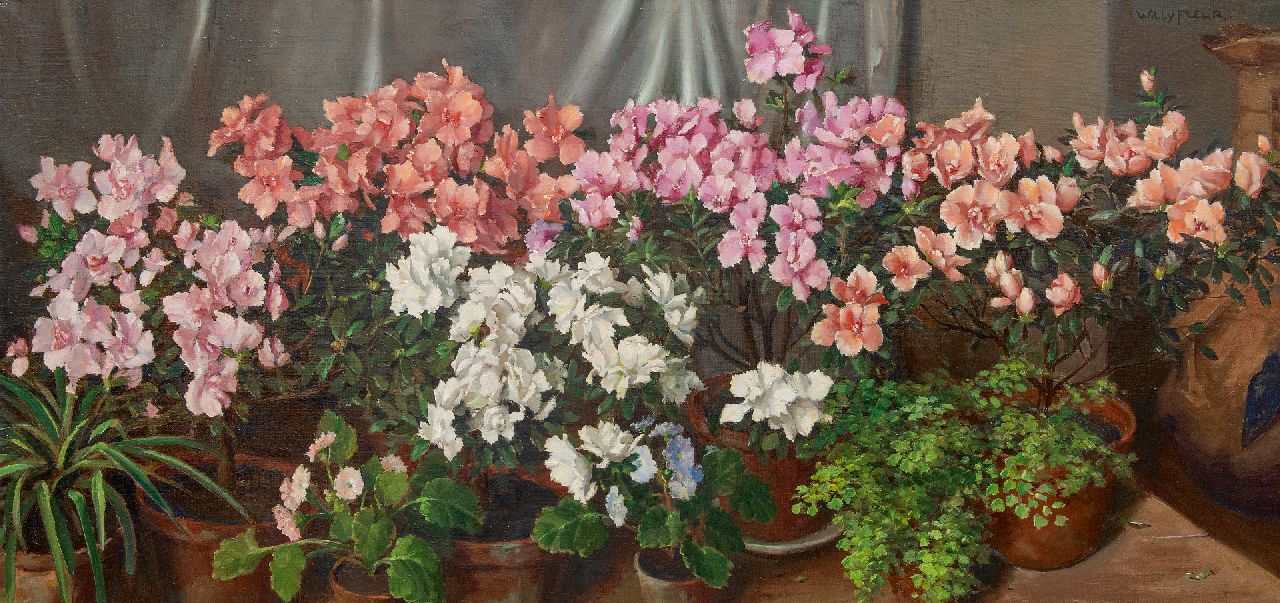 Fleur J.W.  | Johan Willem 'Willy' Fleur | Paintings offered for sale | Still life of blooming azaleas on a table, oil on canvas 60.0 x 119.9 cm, signed u.r.