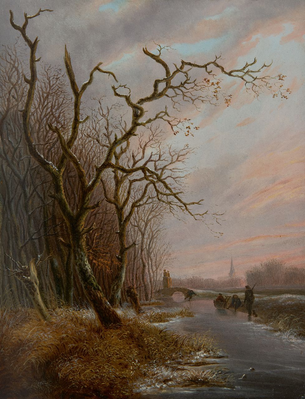 Schelfhout A.  | Andreas Schelfhout | Paintings offered for sale | A hunter and skaters on the ice along the edge of the forest, oil on panel 31.1 x 24.3 cm