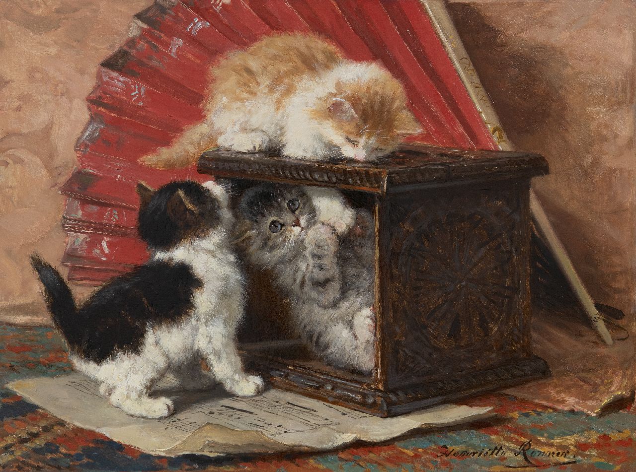 Ronner-Knip H.  | Henriette Ronner-Knip, A still life with three playing kittens, oil on panel 33.3 x 44.7 cm, signed l.r.