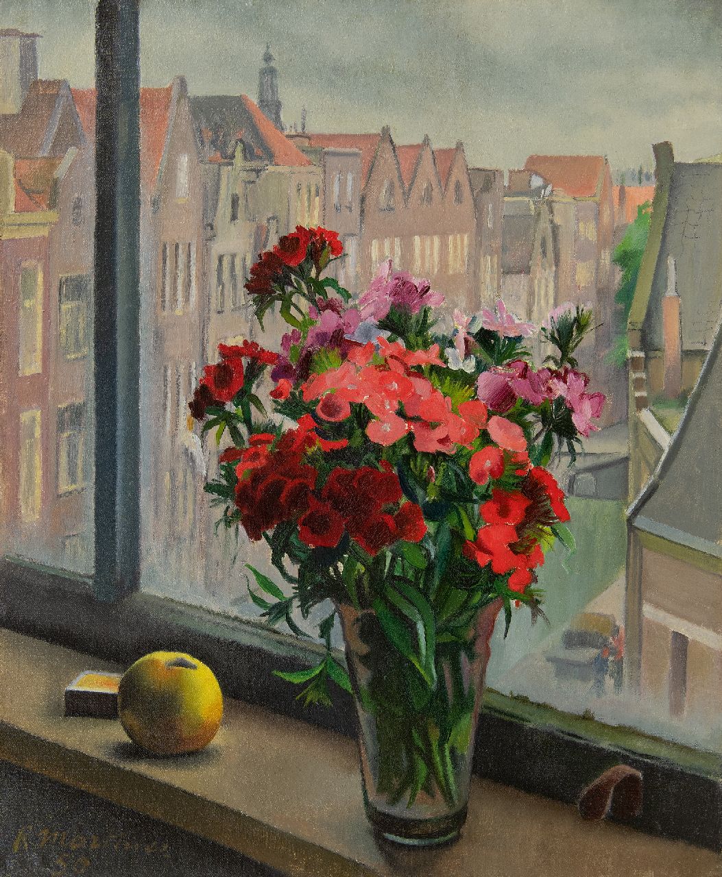 Martinez R.  | Raoul Martinez | Paintings offered for sale | Flower stilllife in windowsill in Amsterdam, oil on canvas 55.6 x 46.4 cm, signed l.l. and dated '50