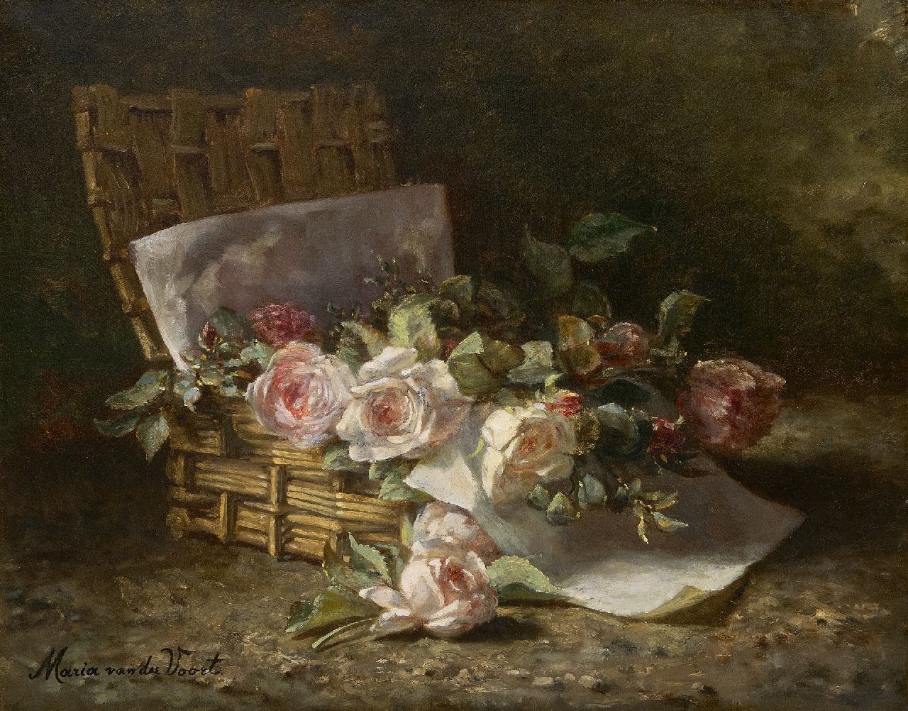 Voort in de Betouw-Nourney M. van der | Maria van der Voort in de Betouw-Nourney | Paintings offered for sale | Roses in a basket on the forest floor, oil on canvas 50.1 x 60.3 cm, signed l.l.