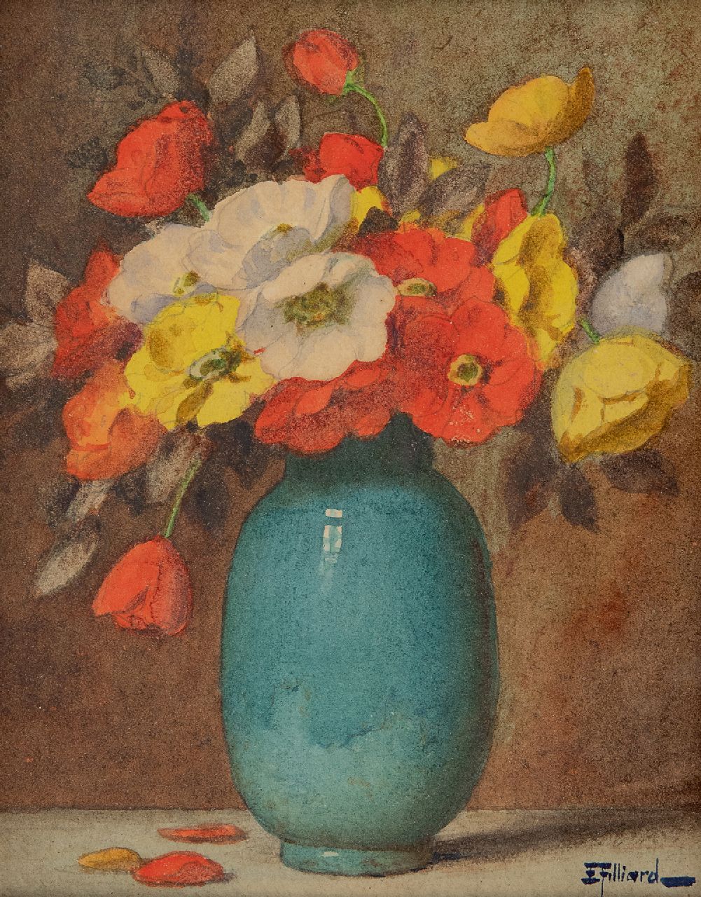 Filliard E.  | Ernest Filliard | Watercolours and drawings offered for sale | Poppies in a blue vase, watercolour on paper 16.7 x 13.8 cm, signed l.r.
