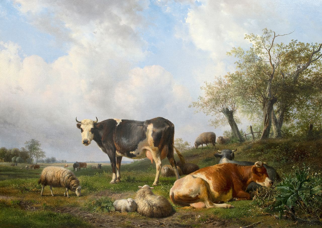 Sande Bakhuyzen H. van de | Hendrikus van de Sande Bakhuyzen | Paintings offered for sale | Landschaft mit ruhenden Kühen und Schafen, oil on canvas 108.0 x 150.0 cm, signed l.l.
