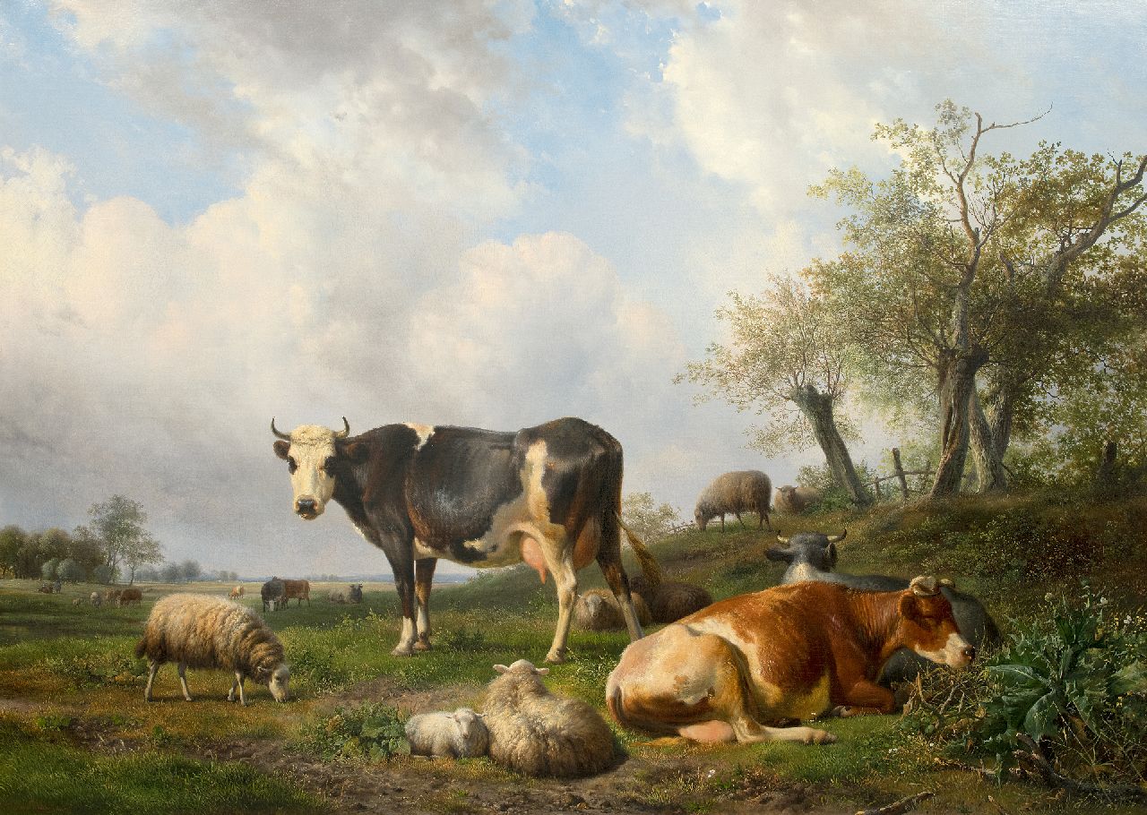 Sande Bakhuyzen H. van de | Hendrikus van de Sande Bakhuyzen | Paintings offered for sale | Landschaft mit ruhenden Kühen und Schafen, oil on canvas 108.0 x 150.0 cm, signed l.l.