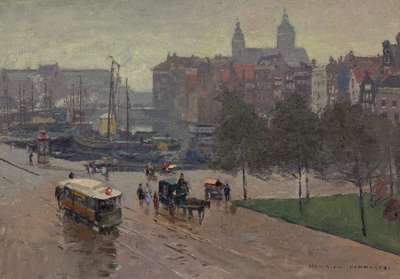 Hermanns H.  | Heinrich Hermanns, The Damrak, Amsterdam, oil on canvas 44.6 x 63.6 cm, signed l.r.