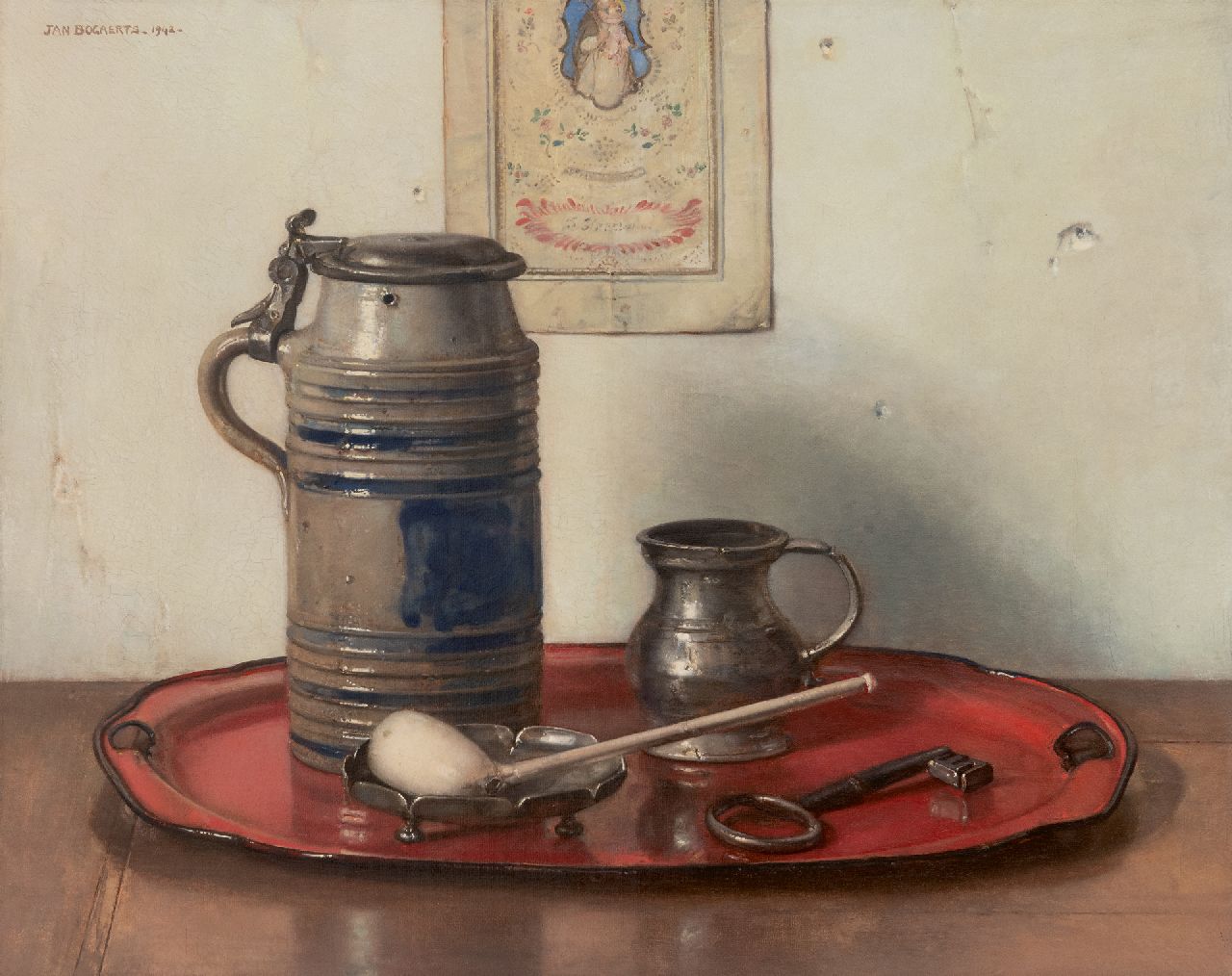 Bogaerts J.J.M.  | Johannes Jacobus Maria 'Jan' Bogaerts | Paintings offered for sale | Still life with a Cologne jug and a Gouda pipe, oil on canvas 40.3 x 50.0 cm, signed u.l. and dated 1942