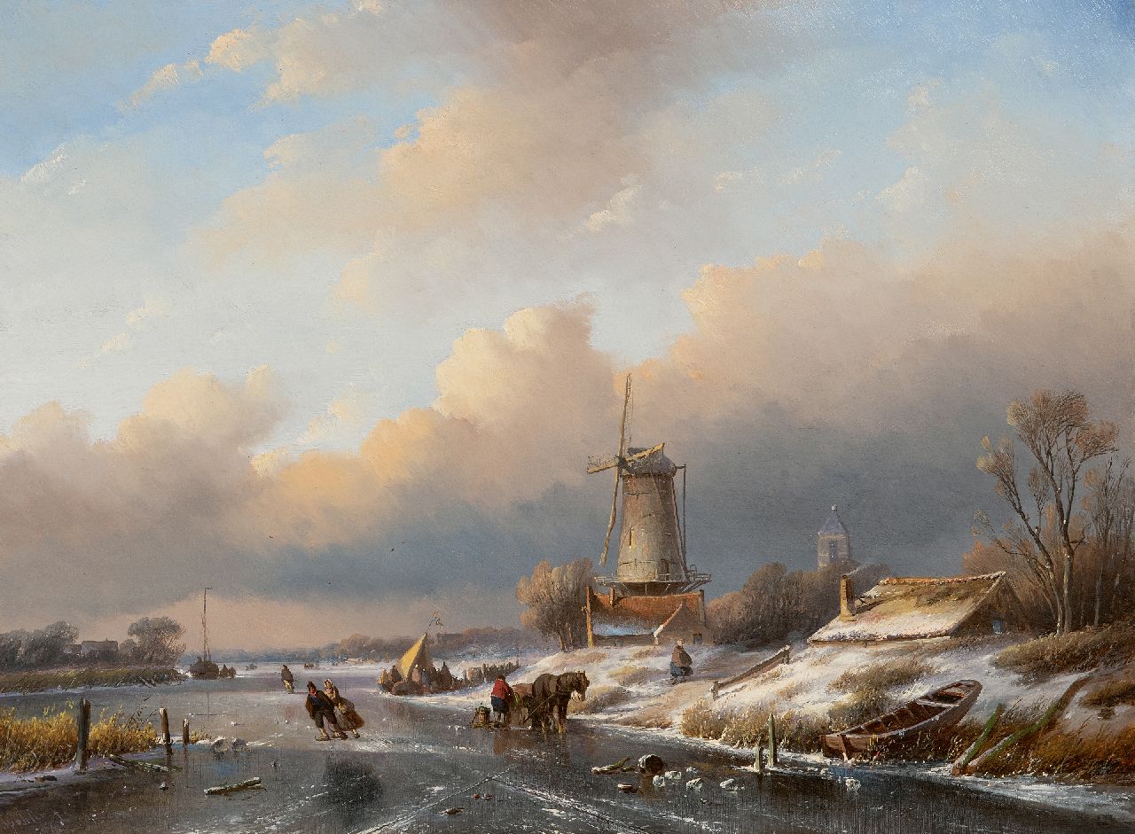 Spohler J.J.  | Jan Jacob Spohler, Winter landscape with country folk and skaters, oil on panel 40.7 x 55.3 cm, signed l.l.