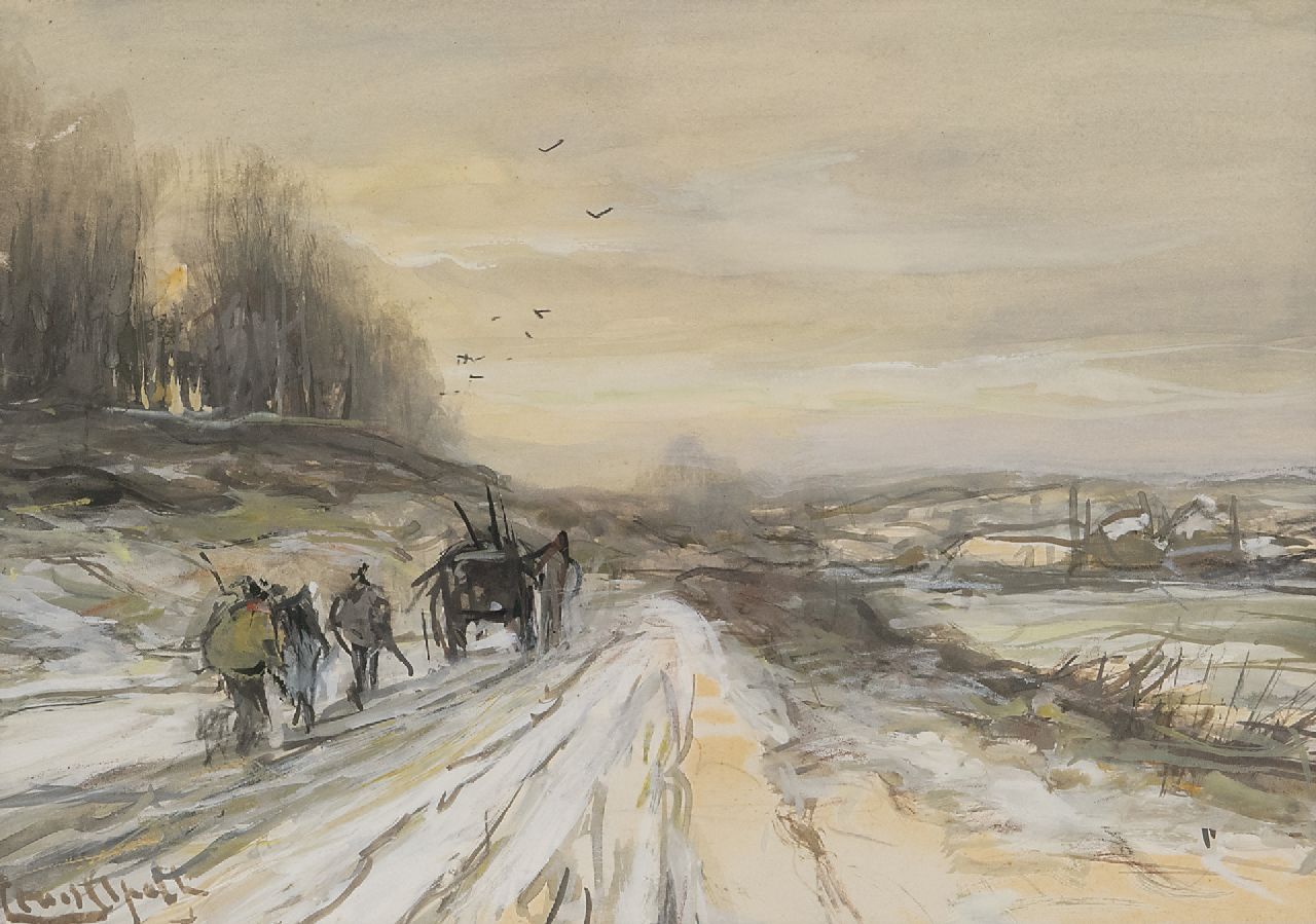 Apol L.F.H.  | Lodewijk Franciscus Hendrik 'Louis' Apol | Watercolours and drawings offered for sale | A horse-drawn cart in a snow-covered landscape, gouache on paper 16.0 x 21.9 cm, signed l.l.