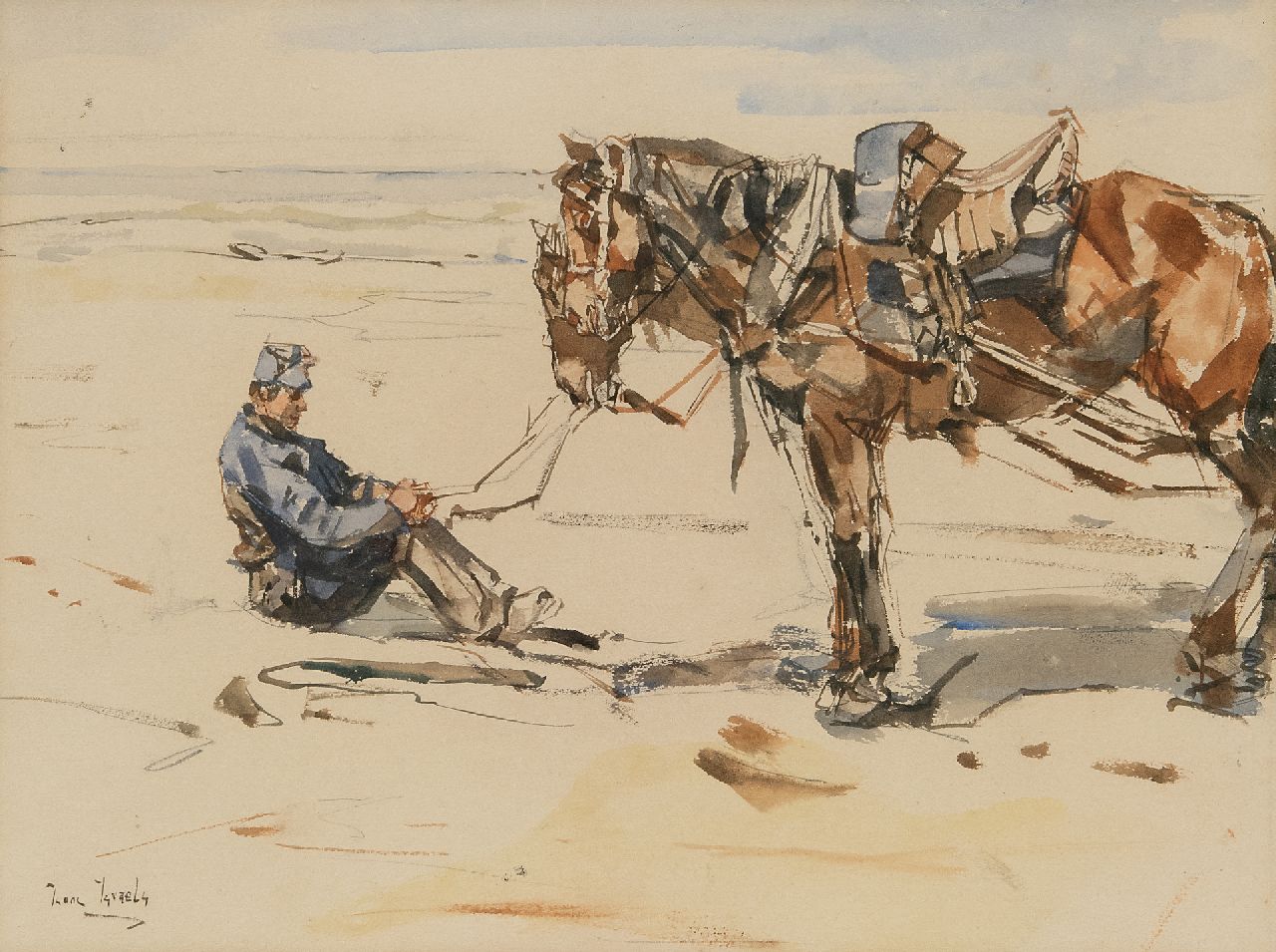 Israels I.L.  | 'Isaac' Lazarus Israels | Watercolours and drawings offered for sale | A gunner on the beach, watercolour on paper 19.4 x 26.0 cm, signed l.l.