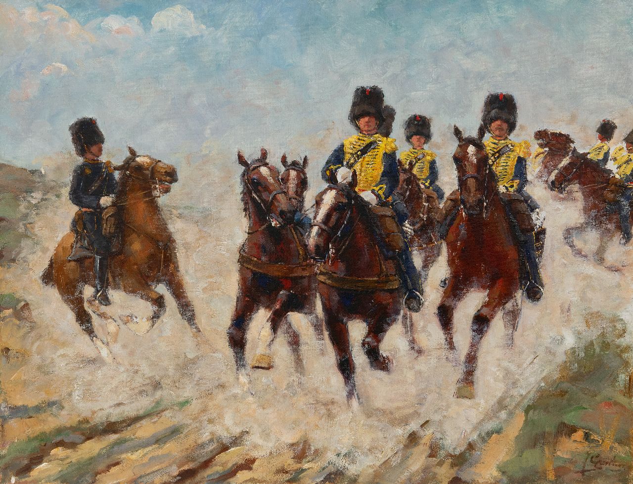 Geerlings J.H.  | Jacob Hendrik Geerlings, 'Gele rijders' in action, oil on canvas 49.7 x 64.4 cm, signed l.r.