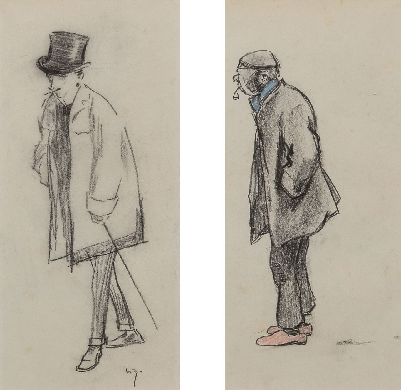 Sluiter J.W.  | Jan Willem 'Willy' Sluiter | Watercolours and drawings offered for sale | A man with a hat; a man with a pipe, pencil and coloured pencil on paper 29.5 x 30.0 cm, signed l.l.