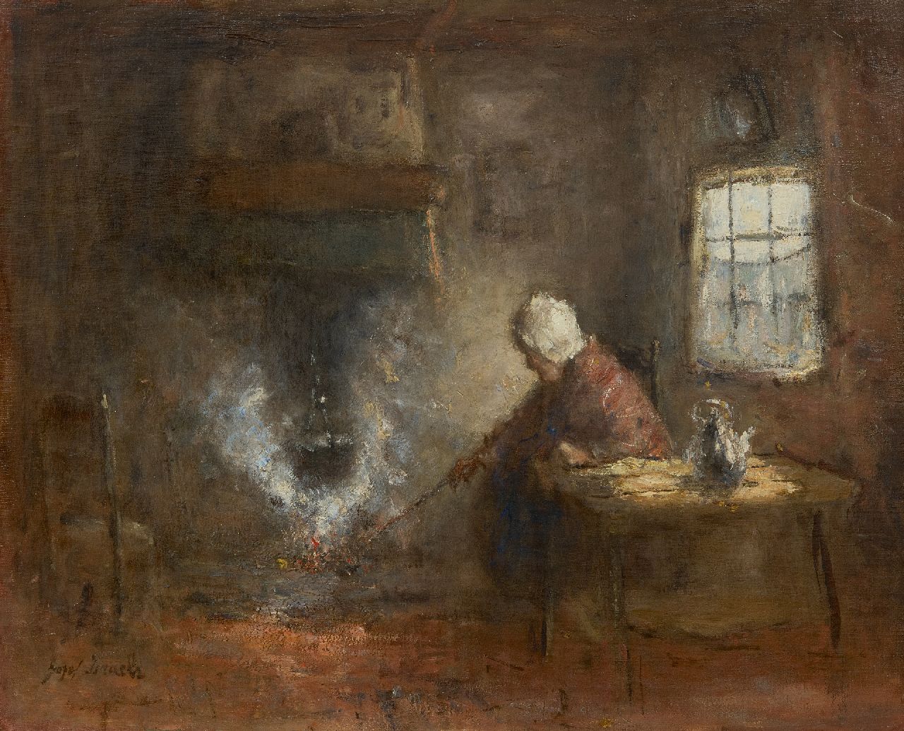 Israëls J.  | Jozef Israëls, At the cooking pot, oil on canvas 43.4 x 53.3 cm, signed l.l.