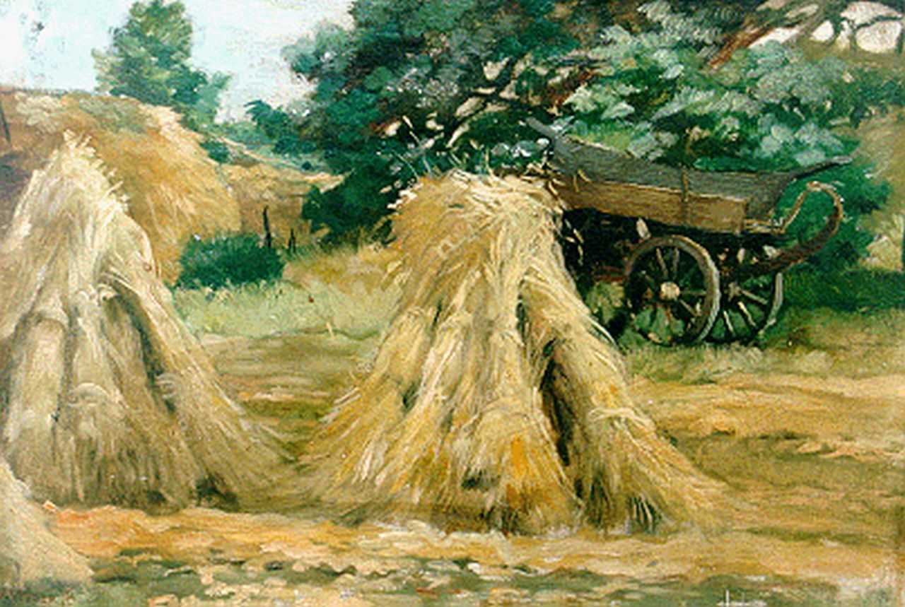 Visser jr. J.  | Jan Visser jr., Hay cocks, oil on paper laid down on painter's board 39.0 x 55.0 cm, signed l.l.