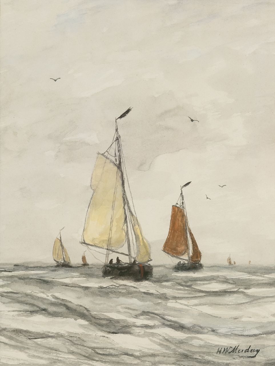 Mesdag H.W.  | Hendrik Willem Mesdag, Fishing boats on the open sea, watercolour on paper 41.0 x 30.5 cm, signed l.r.