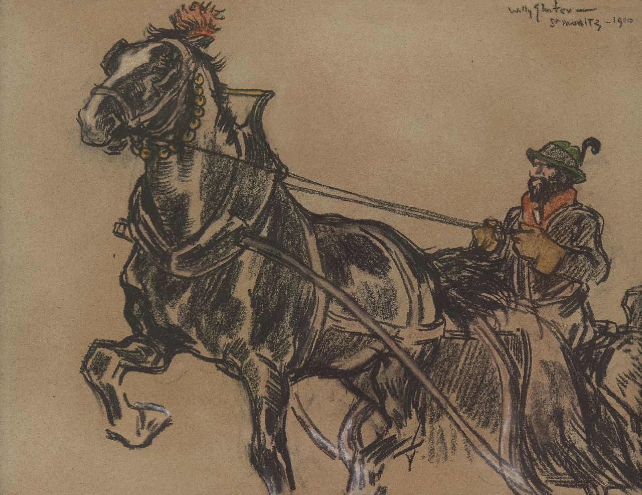Sluiter J.W.  | Jan Willem 'Willy' Sluiter, By sleigh through St. Moritz, coloured chalk on paper 31.5 x 41.2 cm, signed u.r. and dated 1910