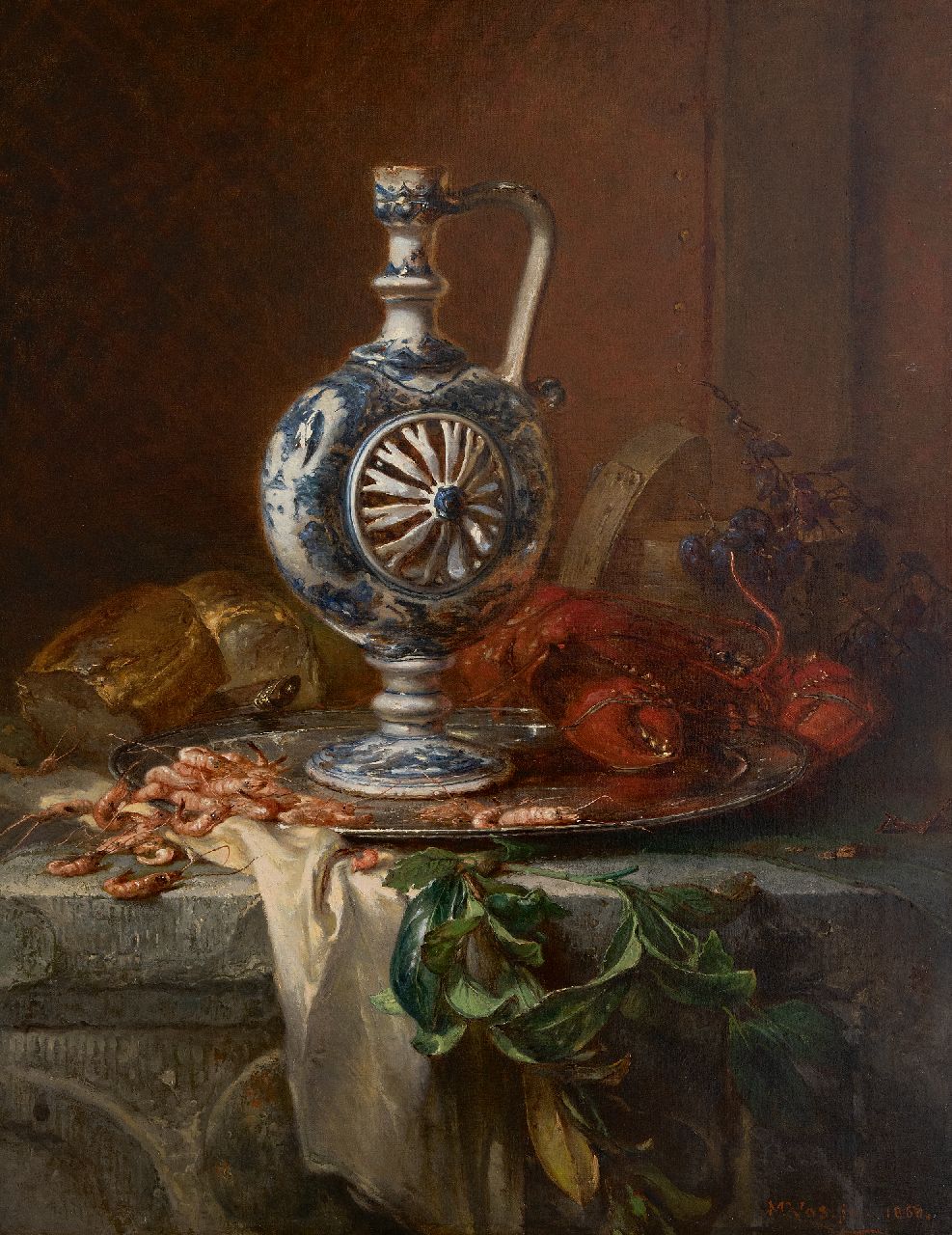 Vos M.  | Maria Vos | Paintings offered for sale | Still life with earthenware jug, pewter bowl, lobster and shrimp, oil on canvas 84.4 x 67.3 cm, signed l.r. and dated 'Jan' 1868