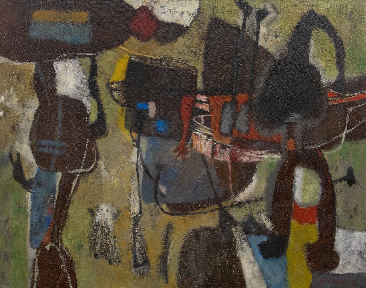 Wagemaker A.B.  | Adriaan Barend 'Jaap' Wagemaker | Paintings offered for sale | Donkere figuren (Dark figures), oil on canvas 106.4 x 130.3 cm, signed l.r. and dated '54