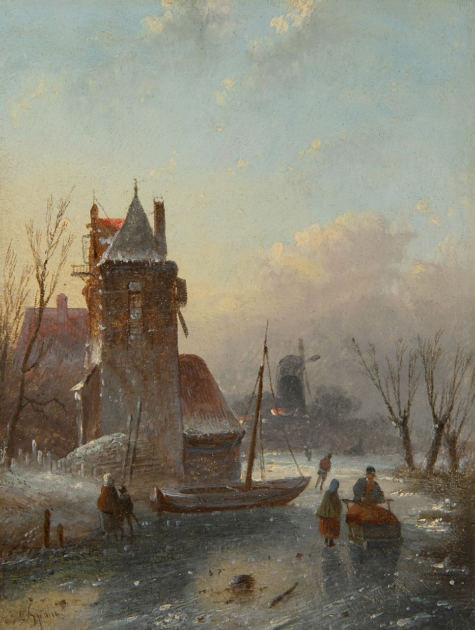 Spohler J.J.C.  | Jacob Jan Coenraad Spohler, Ice scene with skaters, oil on panel 18.9 x 14.6 cm, signed l.l.