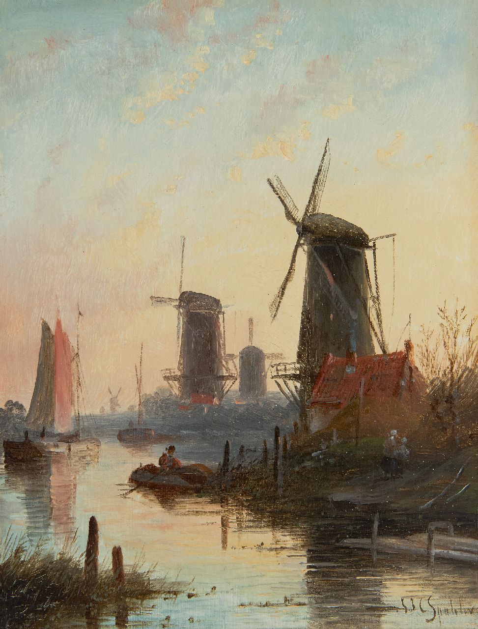 Spohler J.J.C.  | Jacob Jan Coenraad Spohler, Summer landscape with shipping on calm river, oil on panel 19.0 x 14.9 cm, signed l.r.