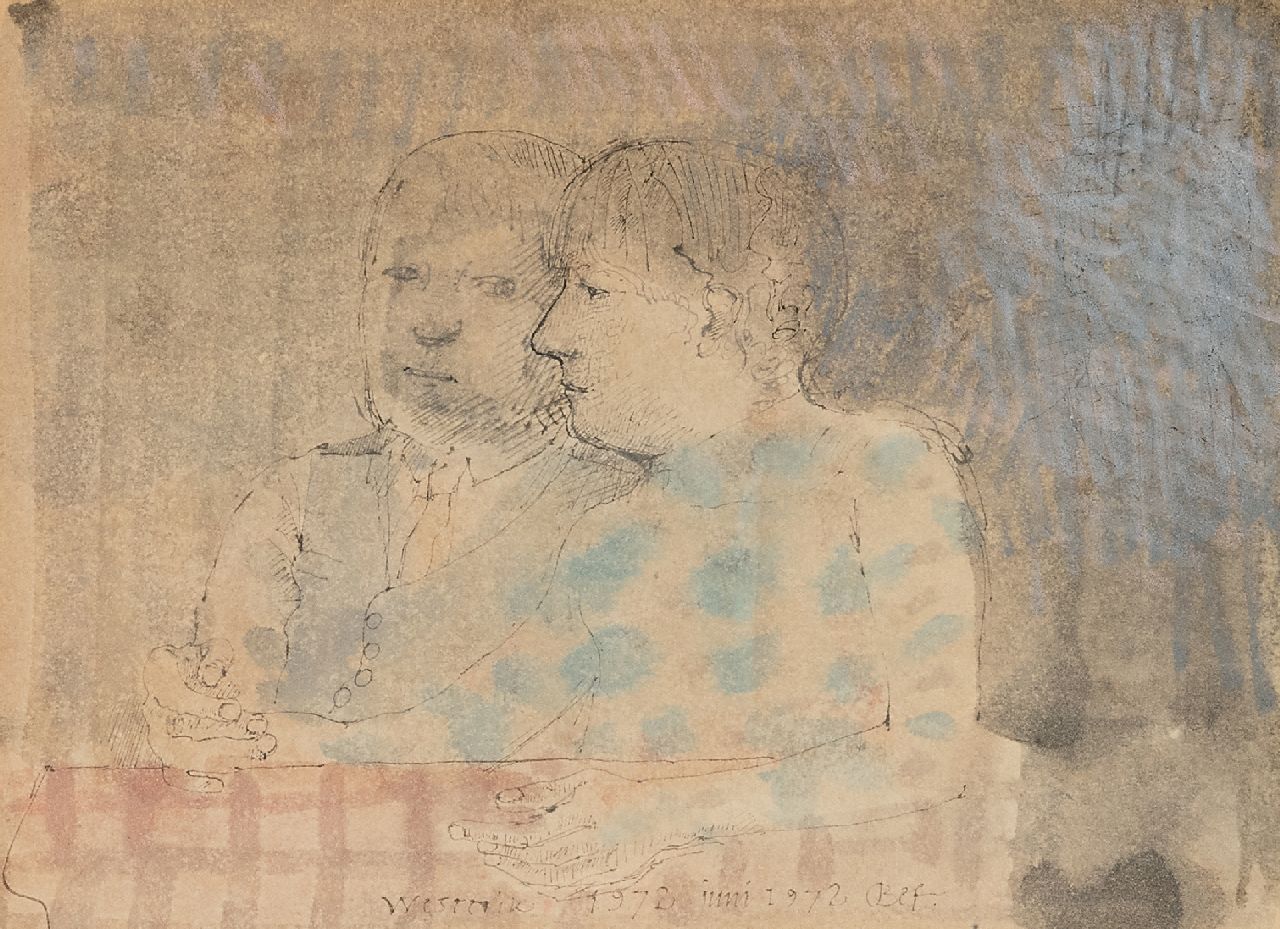 Westerik J.  | Jacobus 'Co' Westerik |  offered for sale | Together at the table, pen, chalk and watercolour on paper 16.3 x 21.9 cm, signed l.c. and dated june 1972