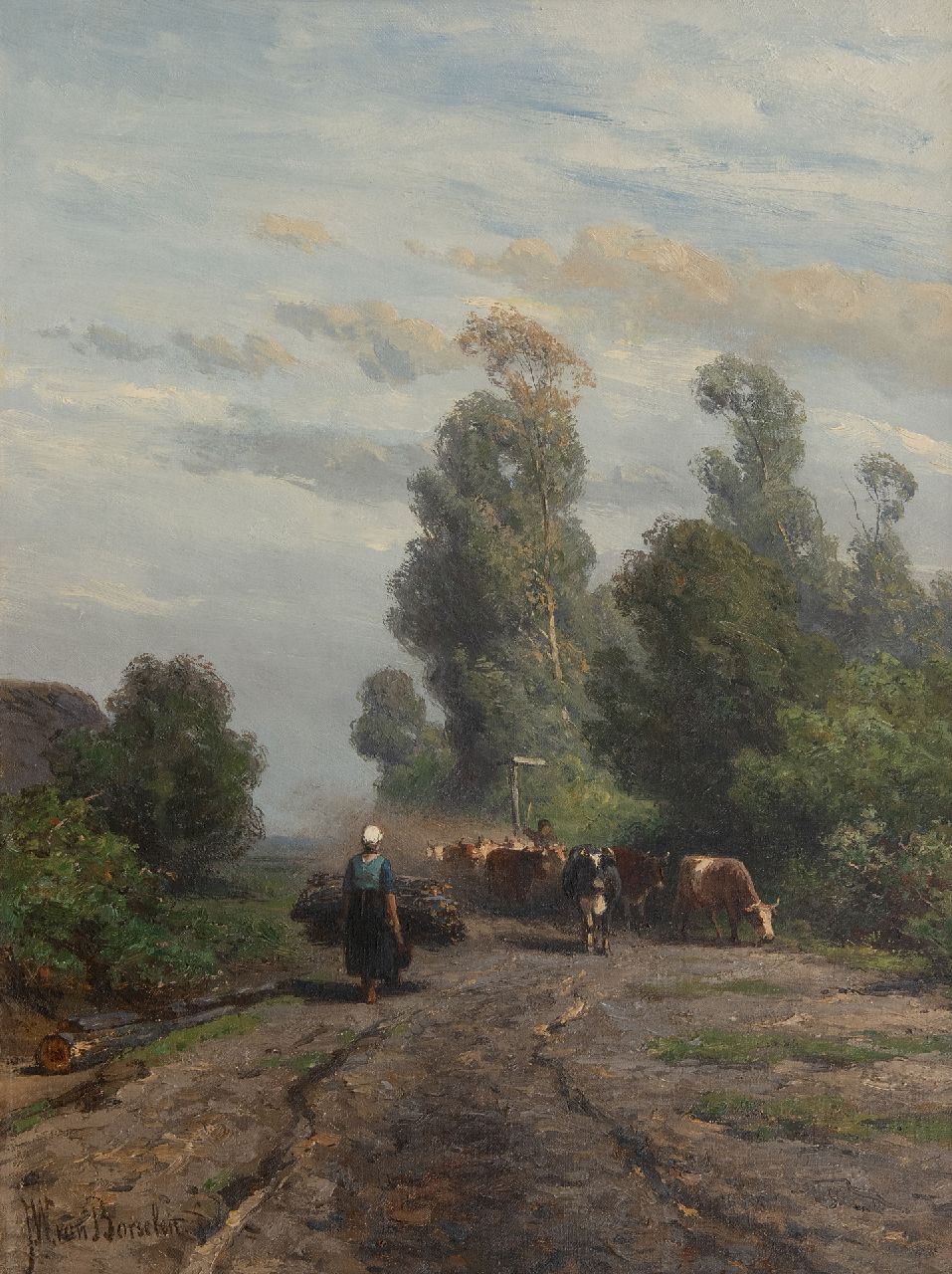 Borselen J.W. van | Jan Willem van Borselen, Summer landscape with herd and shepherd, oil on canvas 40.9 x 31.0 cm, signed l.l.