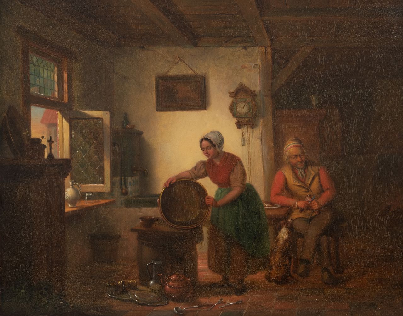Heijligers A.F.  | Antoon François Heijligers | Paintings offered for sale | Kitchen interior with figures, oil on panel 43.9 x 55.0 cm, signed l.r. and dated 1846, without frame