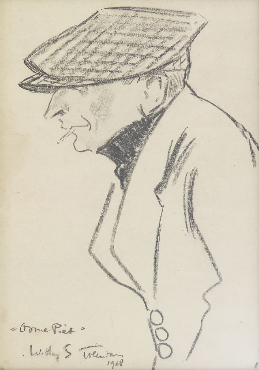 Sluiter J.W.  | Jan Willem 'Willy' Sluiter | Watercolours and drawings offered for sale | 'Oome Piet', Volendam, black chalk on paper 24.2 x 12.7 cm, signed l.l. and dated 1918