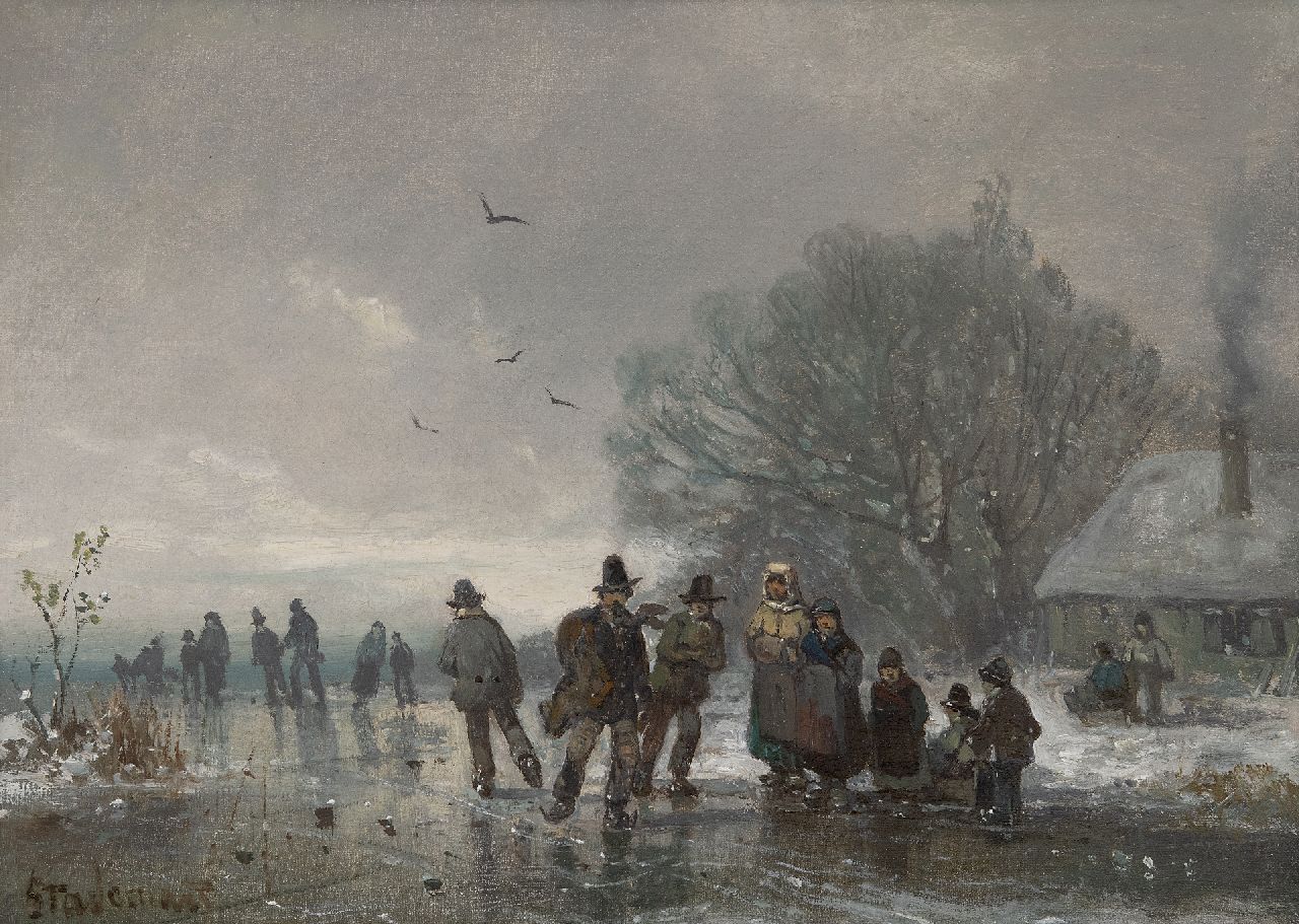 Adolf Stademann | Skaters on a frozen waterway, oil on canvas laid down on panel, 33.5 x 46.2 cm, signed l.l.