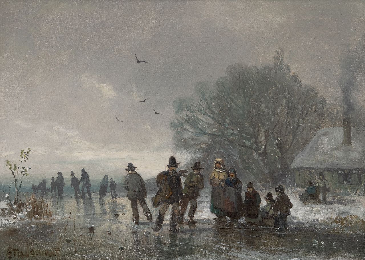 Stademann A.  | Adolf Stademann | Paintings offered for sale | Skaters on a frozen waterway, oil on canvas laid down on panel 33.5 x 46.2 cm, signed l.l.